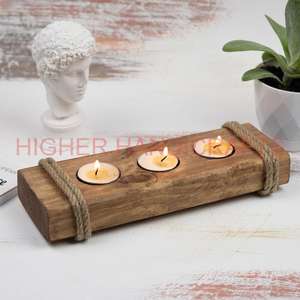 Massive Walnut <b>Tea</b> Light Wooden Candlestick Holder with Three <b>Candles</b> for Christmas Wedding & Festival Decor - Product Image 3