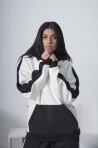 Women Plus Size Black <b>White</b> Color Blocking Hooded <b>Tracksuit</b> Full Sleeve Loose Fit Casual Sweatshirt With Side Pockets - Product Image 3