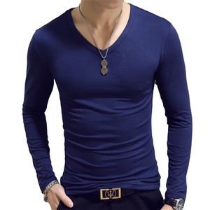 Vente en gros T-shirt uni personnalisé à col en V et à manches longues avec logo OEM pour hommes T-shirt promotionnel bon marché pour hommes - Product Image 5