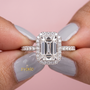 <b>Emerald</b> Cut Halo Engagement <b>Ring</b> in 925 Sterling <b>Silver</b> Pave Diamond Bridal <b>Ring</b> - Product Image 1