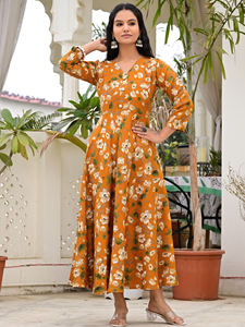 Robe décontractée pour femme, imprimé floral orange, 100% coton tissé, écologique, couleur contrastée, col en V long, manches trois quarts - Product Image 2