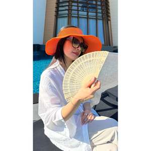 หมวกปีกกว้างแบบพับได้ป้องกันแสงแดดสีส้มพร้อมริบบิ้น Hsr2080 - สีส้ม 1 - Product Image 6