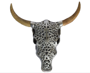 AK Brass Metal Bull Grabado Decorativo Plata Antiguo Cuernos dorados Decoración colgante de pared - Product Image 3