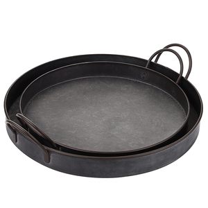 Hot Premium Vantage Juego de 2 bandejas redondas decorativas para servir Bandeja de hierro de metal con asas Bandeja de servicio de estilo de granja industrial - Product Image 1