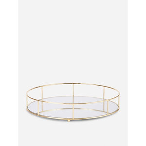 Plateau rond en métal doré moderne et glamour, plateau de rangement décoratif, pièce d'accent de table, plateau de présentation en métal avec surface miroir, en vente - Product Image 1