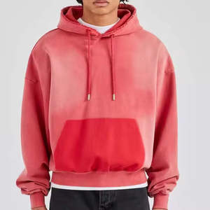 Sudaderas con capucha holgadas de algodón de rizo de 500Gsm para hombre al por mayor personalizadas, ropa informal roja lavada desgastada con cordón ajustable para invierno - Product Image 1
