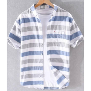 Camisa Casual de Manga Corta a Rayas para Hombre, Cuello Regular con Bolsillo Delantero con Botones, Tejido de Lino/Algodón Teñido en Hilo - Product Image 1