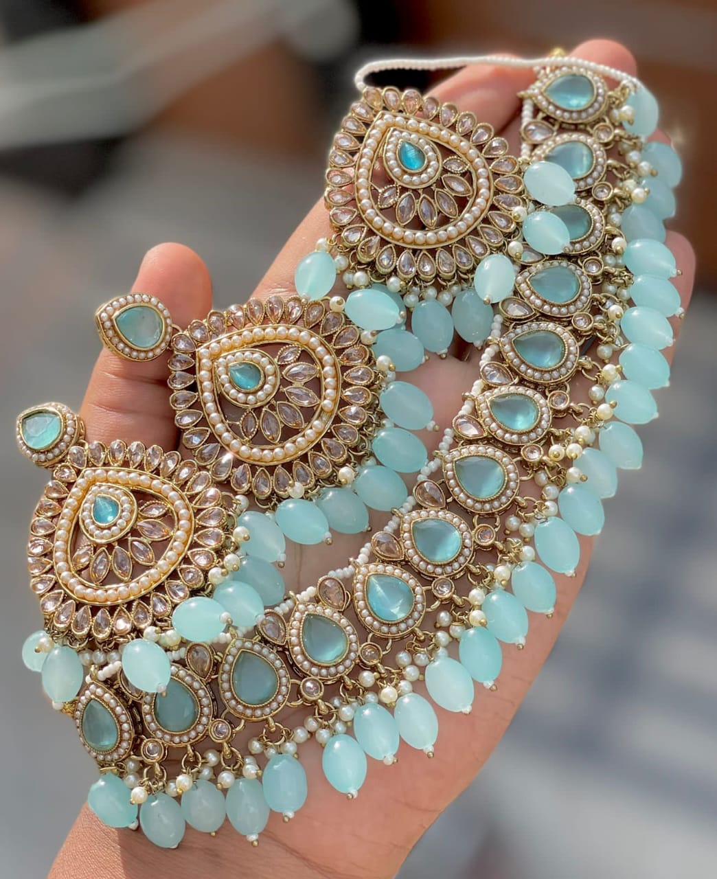 Indian Jewelry Gold Plated Crystal Faux Pearl Bridal Choker Necklace Dangle Jhumki Earrings Jewellery Set, Green