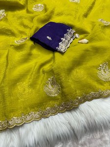 Peacock Work Heavy Fancy bordado puro suave tela crujiente hermoso sari con blusa de contraste pieza para boda especial - Product Image 3