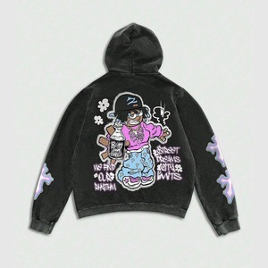 Pull à capuche surdimensionné en molleton 100% coton, imprimé brodé, logo, délavage acide, déchiré, style streetwear - Product Image 4