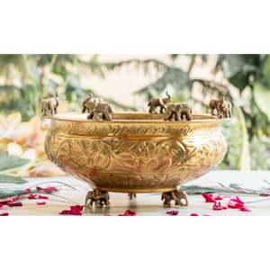 Pure Brass Traditional Design Urli with <b>Elephant</b> Statue Embossed for Diwali Occasions - Product Image 6