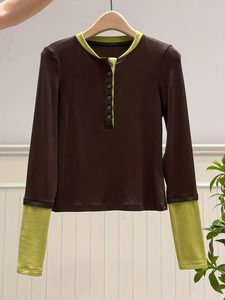 Top de Dos Piezas Estilo Coreano para Mujer, Color Combinado, Media Manga, Cuello Tipo Túnica, Corto, Verano, Ecológico - Product Image 2