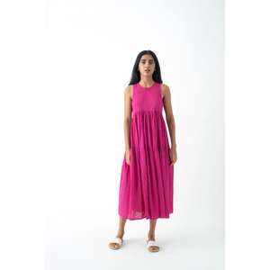 Robe maxi décontractée bohème en coton pour femmes, à manches courtes, rose, taille naturelle, longueur au sol, couleur unie, style évasé - Product Image 1