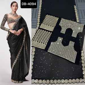 Fiesta india y ropa de Festival Faux Georgette Saree con trabajo de bordado de secuencia y Sari de trabajo de espejo Real para tela de mujer - Product Image 5