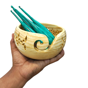 Handcrafted Wooden Yarn Bowl with Turquoise <b>Crochet</b> <b>Hooks</b> Floral Carved Knitting Gift <b>Set</b> Mother's Day or Christmas Gift - Product Image 1