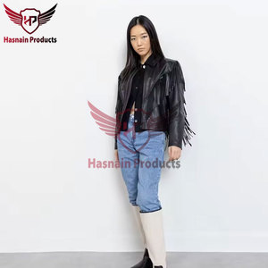 Chaqueta de Cuero Genuino Negro para Mujer con Flecos y Borlas, Ribete Trenzado, Abrigo Vaquero de Piel de Oveja, Estilo Vintage Personalizado, Ropa de Invierno - Product Image 3