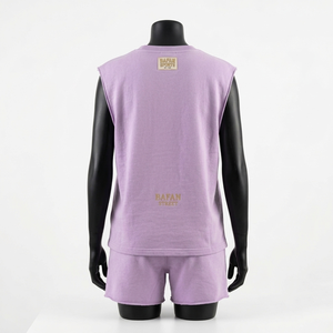 Ensemble t-shirt sans manches et short pour femme, 200 GSM, coton polyester, jersey polaire, lilas, vêtements de sport décontractés, impression personnalisée du logo - Product Image 2