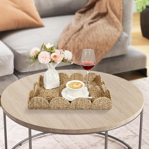 Panier rectangulaire rustique en jonc de mer naturel avec bord festonné, fonction de rangement pour salon, vente en gros - Product Image 4