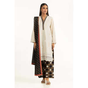 Ensemble de costume 3 pièces en jacquard brodé blanc cassé pour femmes - Product Image 1