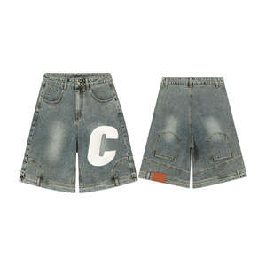 Parches bordados holgados personalizados, pantalones cortos de mezclilla, ropa de calle desgastada, Hip Hop, múltiples bolsillos, diamantes de imitación, pantalones cortos de mezclilla Cargo - Product Image 1