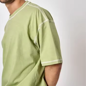 260 Gsm 100% algodón contraste puntadas camisetas personalizado toalla bordado manga corta Camiseta hombro caído cuello redondo Camiseta - Product Image 5