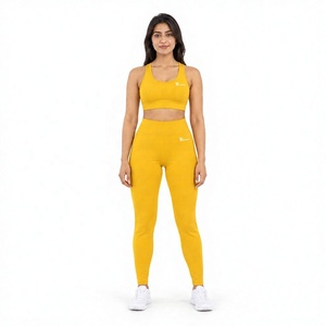Ensemble de yoga pour femmes, soutien-gorge de sport en tricot extensible sans couture, leggings taille haute, ensemble de yoga jaune assorti en 2 pièces, col rond, longueur intégrale - Product Image 1