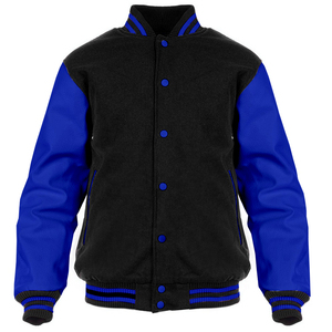 Varsity Letterman Jacket Negro Lana Azul Mangas de cuero Classic Men's High School Jacket Premium Wool and Leather - Product Image 1