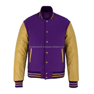 2026 OEM Most Selling Purple <b>Wool</b> With <b>Yellow</b> Leather Sleeves Varsity Jacket For Men's High Quality Low MOQ Heated Winter Jacket - Product Image 1