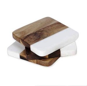 Marble <b>and</b> Wood <b>Coasters</b> <b>Set</b> of 4 Round Half Natural Wood <b>and</b> Marble Mango <b>coaster</b> Made in India - Product Image 5