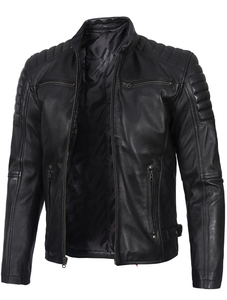 High Quality Custom 100% Genuine Leather <b>Jacket</b> with Stand Collar Winter <b>Biker</b> Style <b>Jacket</b> Breathable Inner Viscos Lining - Product Image 4