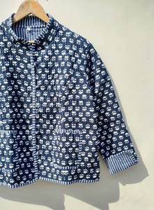 Organic Block Printed Indian Cotton Quilted <b>Kimono</b> Jacket for Women Reversible Blue Warm Breathable Fabric Short Length Winter - Product Image 3