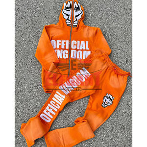 Chándal acampanado lavado con ácido para hombre, logotipo bordado desgastado, Sudadera con capucha y cremallera completa transpirable y conjuntos de pantalones de chándal - Product Image 1