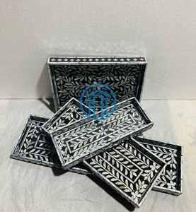 Plateau rectangulaire en nacre noire et blanche à motifs floraux, fait à la main, laqué, plateau de service de luxe, décoration d'intérieur en provenance du Vietnam - Product Image 5
