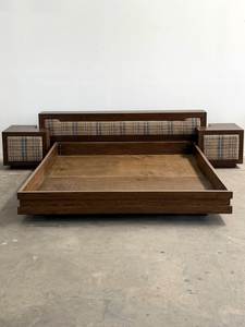 Solid Wood Midcentury <b>Platform</b> <b>Bed</b> <b>Frame</b> with Comfortable Upholstered Headboard and Side Nightstands - Product Image 1