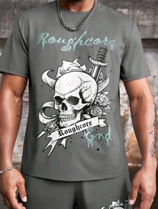 Top y pantalones cortos de manga corta con estampado de calavera y cuello redondo para hombre de talla grande, conjunto de 2 uds, ropa de Halloween - Product Image 4