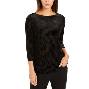 Camicetta da Sera Charter Club da Donna, Taglia Piccola XL, con Motivo Floreale, Maniche Lunghe, Collo a Barchetta, in Chiffon Nero Lavorato a Maglia - Product Image 1