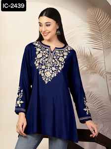Ondian Ethnique Lourd Rayon Kurtis avec Broderie Travail Cou Manches Fantaisie Court pour Casual Festival Porter Indien Pakistanais Vêtements - Product Image 3