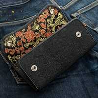 Dompet Kulit Asli Lipat Tiga Model Biker Kulit Sapi Premium Logo Kustom Embos Karakter Rantai Pendek Tahan Air