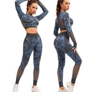 2023 Latest Camo Printed Women's Seamless Activewear Yoga Set Full Sleeves <b>Top</b> <b>and</b> <b>Leggings</b> Plus Size - Product Image 1
