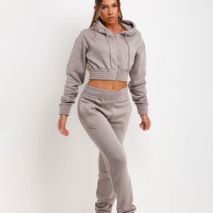 Vente en gros, ensemble sweat-shirt à capuche court et pantalon de survêtement pour femmes, 2 pièces, gris, avec fermeture éclair sur le devant - Product Image 1