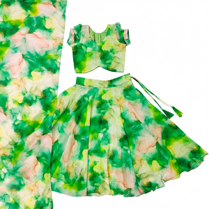 Conjunto de Lehenga Choli Largo hasta el Suelo con Estampado Digital Verde, Moderno y de Lujo de Shoryam Fashion |   Vestidos de Fiesta de Diseño para Niñas - Product Image 1