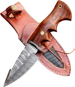 Couteau de chasse à lame fixe en acier de Damas avec étui en cuir, OEM pris en charge, couteau de camping de haute qualité - Product Image 1