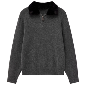 Pull en tricot pour homme gris anthracite uni avec col zippé, en laine/nylon, col en fausse fourrure, poignets et ourlet côtelés, pour la vente en gros, vêtements d'hiver - Product Image 3
