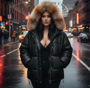 Veste en cuir matelassée coupe-vent à carreaux pour femmes avec col en fourrure de renard, fermeture éclair, vêtement d'extérieur fin pour l'hiver - Product Image 4