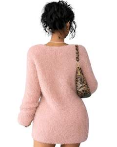 Robe pull en tricot moelleux rose blush personnalisée pour femmes, col en V, manches longues, douce, en peluche, chaude pour l'hiver, mode, OEM, vente en gros, fabrication sur mesure - Product Image 6