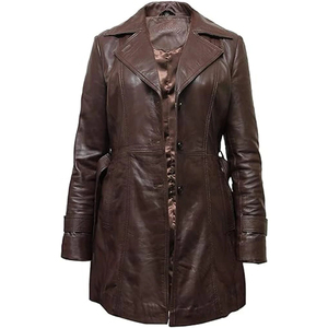 Abrigo de Cuero Tipo Gabardina para Mujer, Piel de Oveja Genuina, Color Marrón, Abrigo Largo de Invierno - Product Image 4