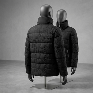Men Black <b>Quilted</b> Puffer <b>Jacket</b> High Collar Embossed <b>Pattern</b> Warm Zip Up Winter <b>Jacket</b> OEM ODM Wholesale - Product Image 2