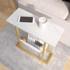 <b>White</b> and Gold <b>Narrow</b> <b>Side</b> <b>Table</b> C Shaped Modern End <b>Table</b> for Couch or Bed Small Faux Marble Bedside Accent <b>Table</b> - Product Image 4