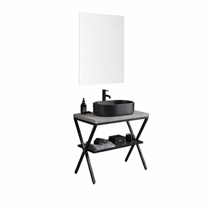 Mobiletto da Bagno Koricini Manchester 60cm con Ripiano in Vetro e Top in Cemento & Specchio 60x80cm - Metallo Nero - Product Image 5