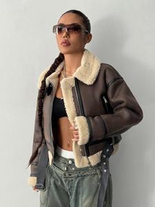 Femmes 2025 hiver Chic recadrée en peau de mouton veste Vintage à manches longues surchemise fermeture à glissière vêtements d'extérieur décontractés mode - Product Image 6